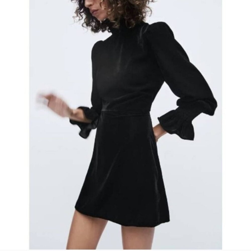 Black Puff-Sleeve Mini Dress with High Neck - Picture 3 of 15